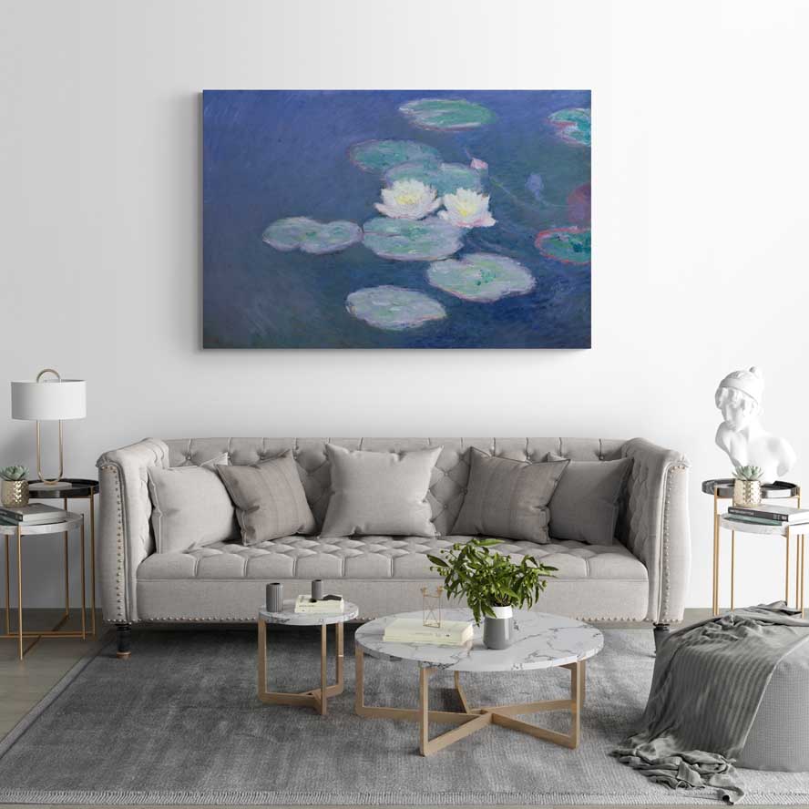 Water Lilies, Evening Effect 1897-1898 by Claude Monet wall art in a living room