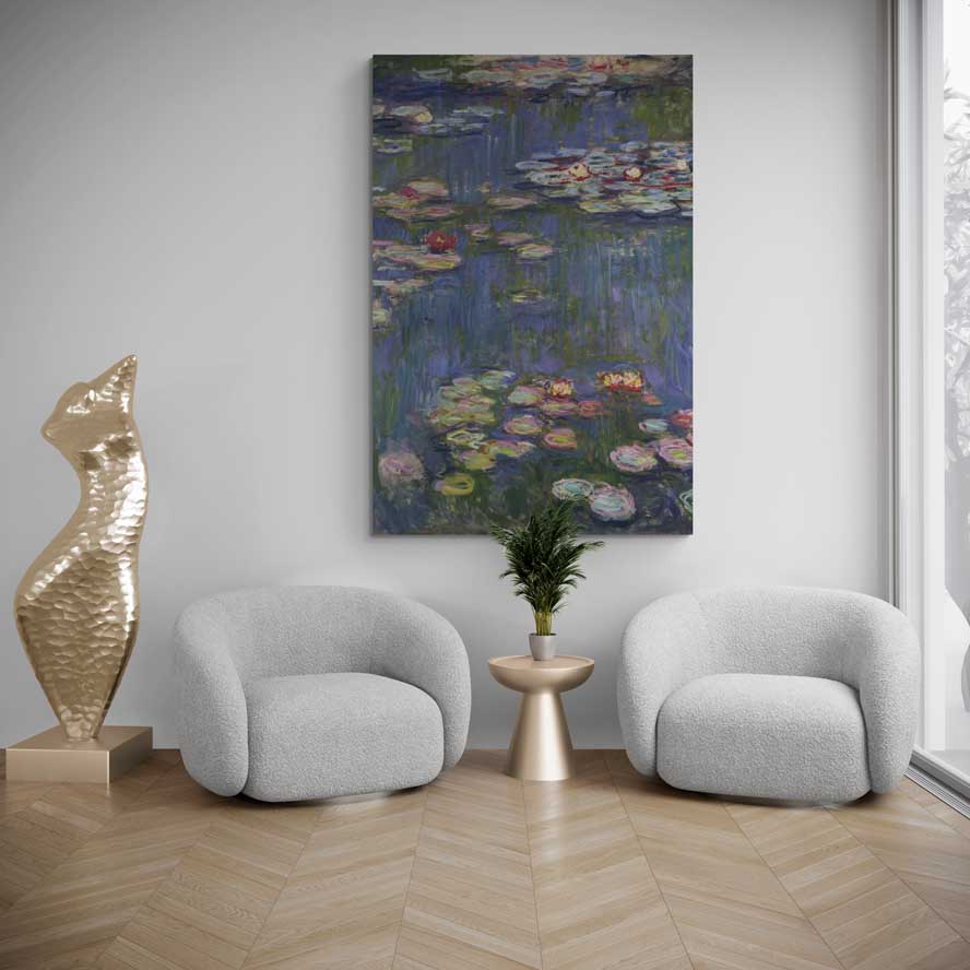 Water Lilies II 1916 by Claude Monet wall art in a living room