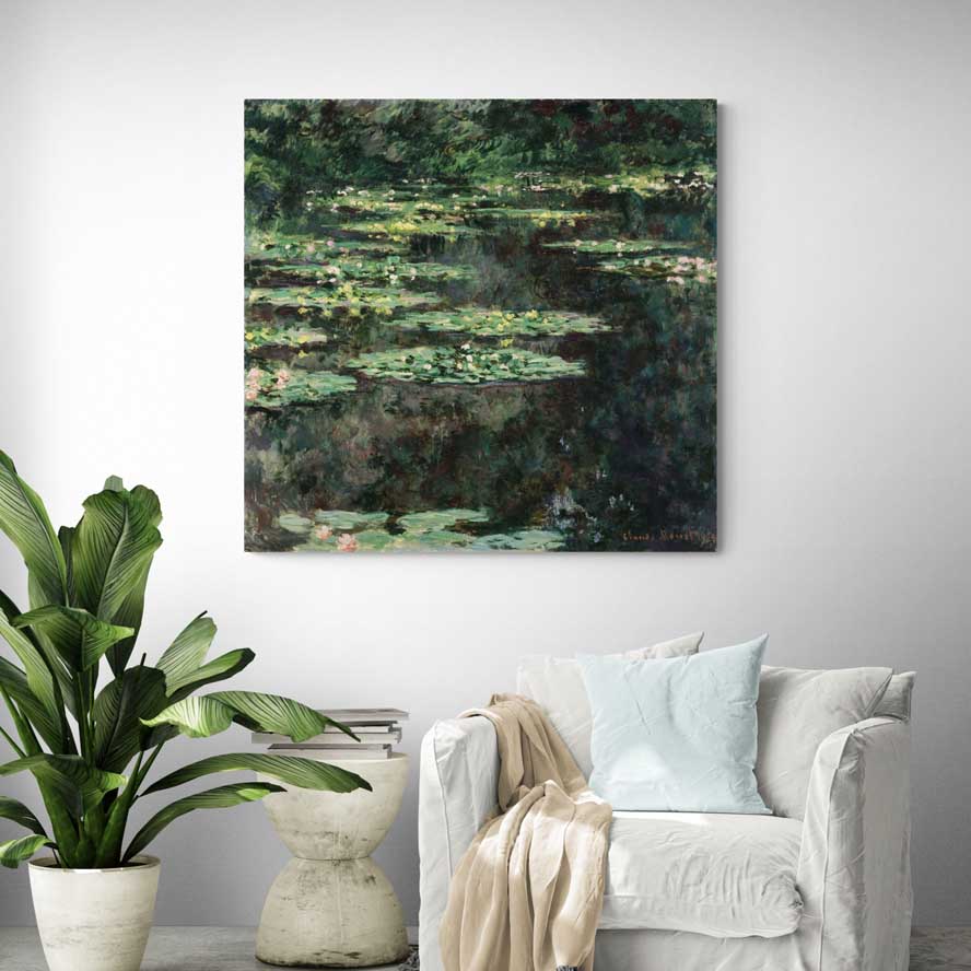 Water Lilies 1904 by Claude Monet wall art in a living room