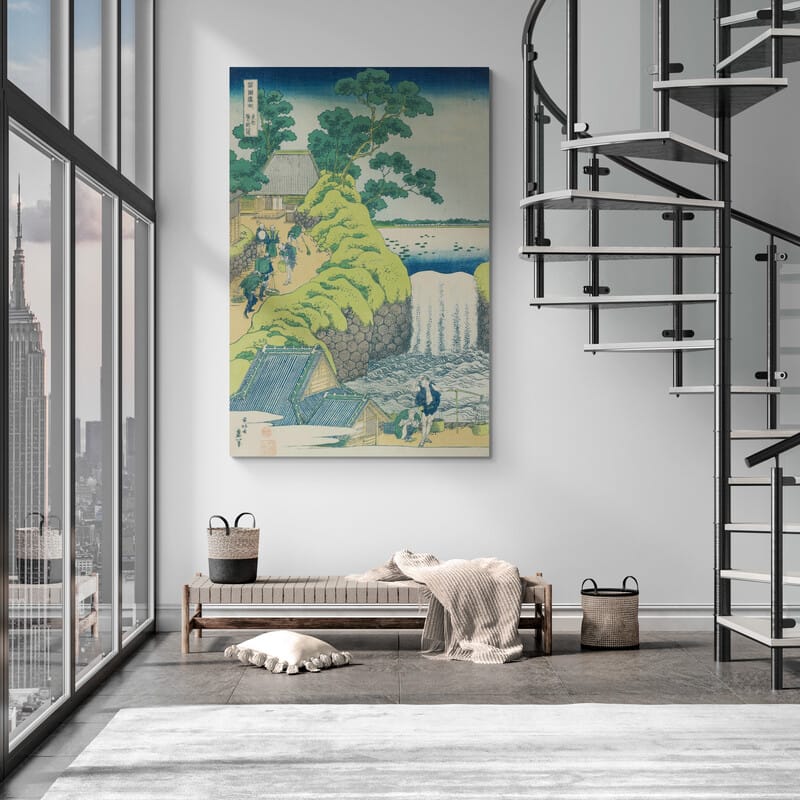 Waterfall at Aoigaoka in Edo by Katsushika Hokusai wall art in a living room