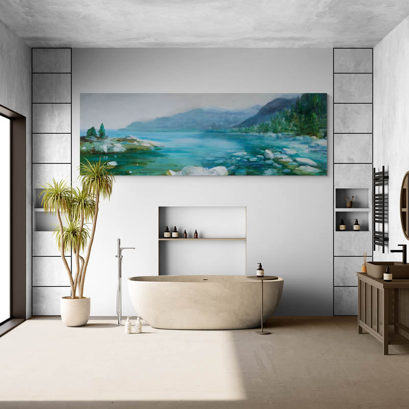 Western Lake III by Danhui Nai wall art in a bathroom