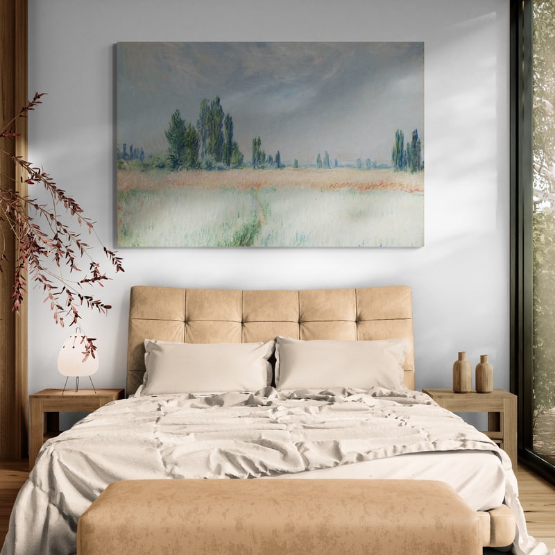 Wheatfield 1881 II by Claude Monet wall art in a bedroom