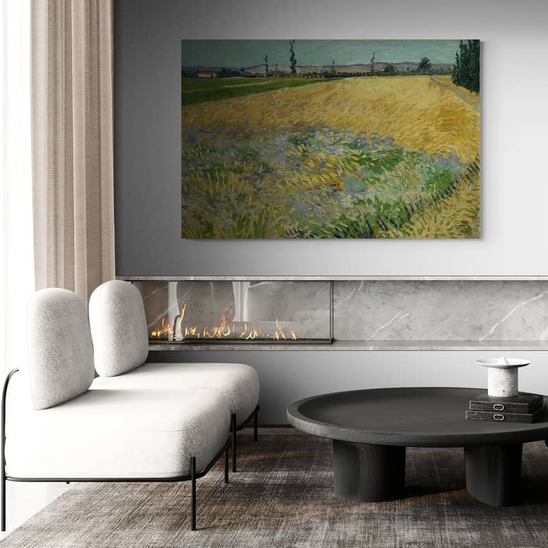 Wheatfield 1888 by Vincent Van Gogh wall art in a living room