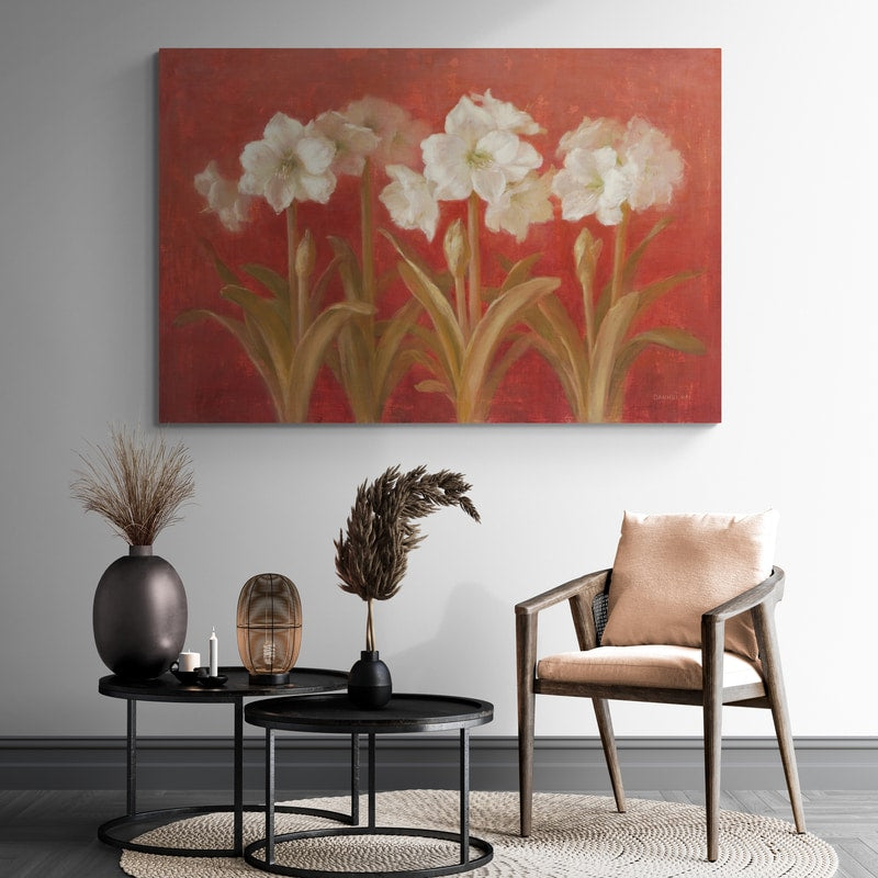 White Amaryllis on Red by Danhui Nai wall art in a living room