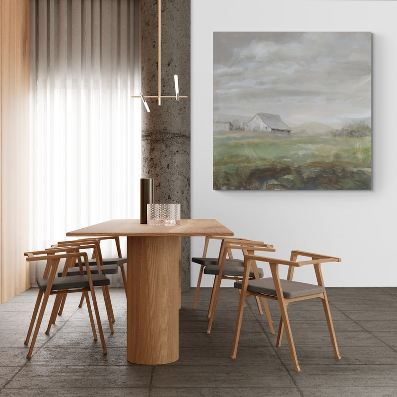 White Barn Fields by Danhui Nai wall art in a dining room