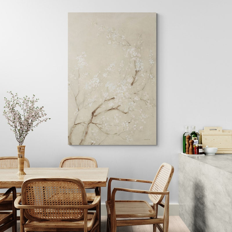 White Cherry Blossoms I Linen by Danhui Nai wall art in a dining room
