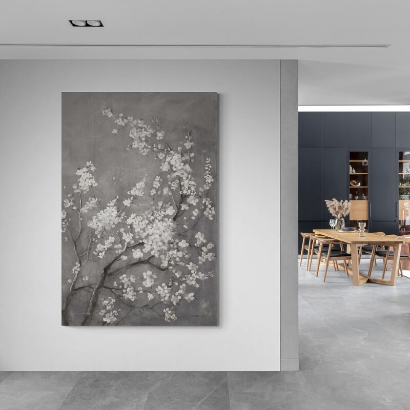 White Cherry Blossoms I On Grey by Danhui Nai wall art in a hallway