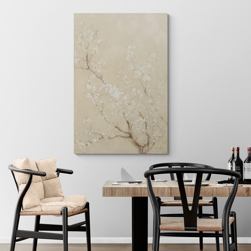 White Cherry Blossoms II Linen by Danhui Nai wall art in a dining room