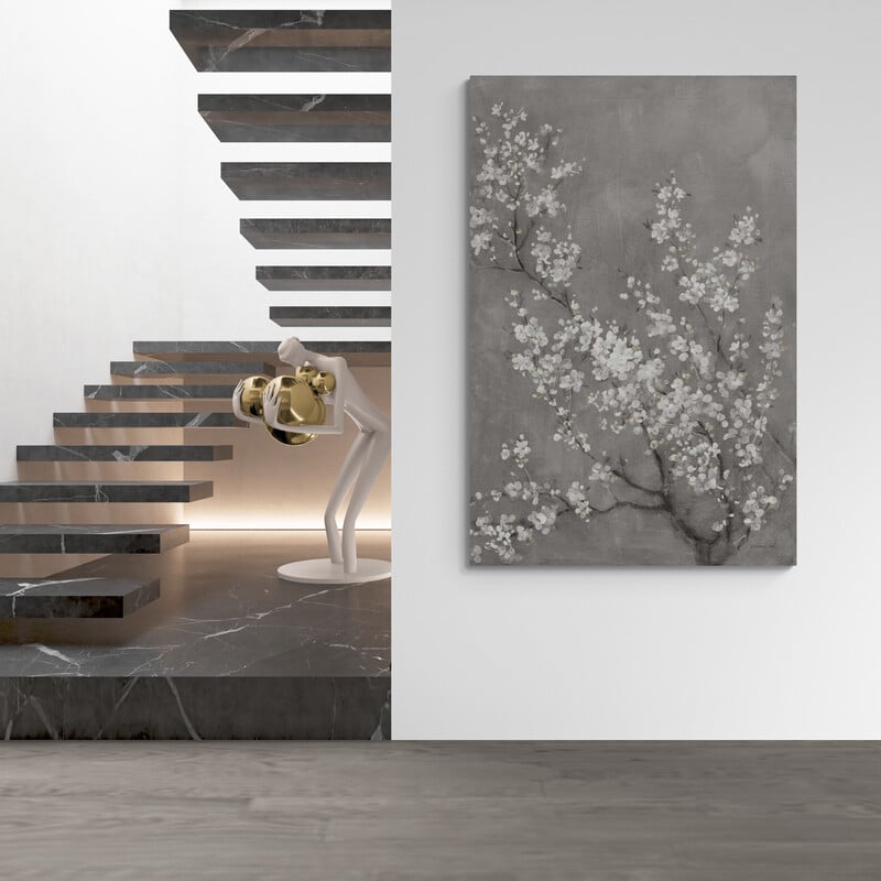 White Cherry Blossoms II On Grey by Danhui Nai wall art in a hallway