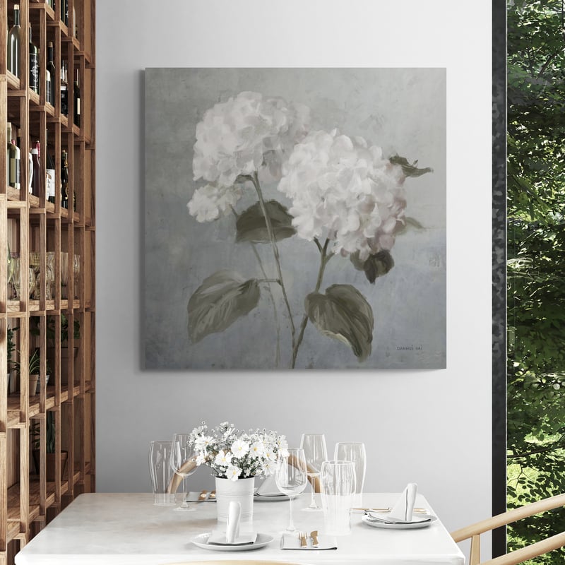 White Hydrangeas by Danhui Nai wall art in a dining room