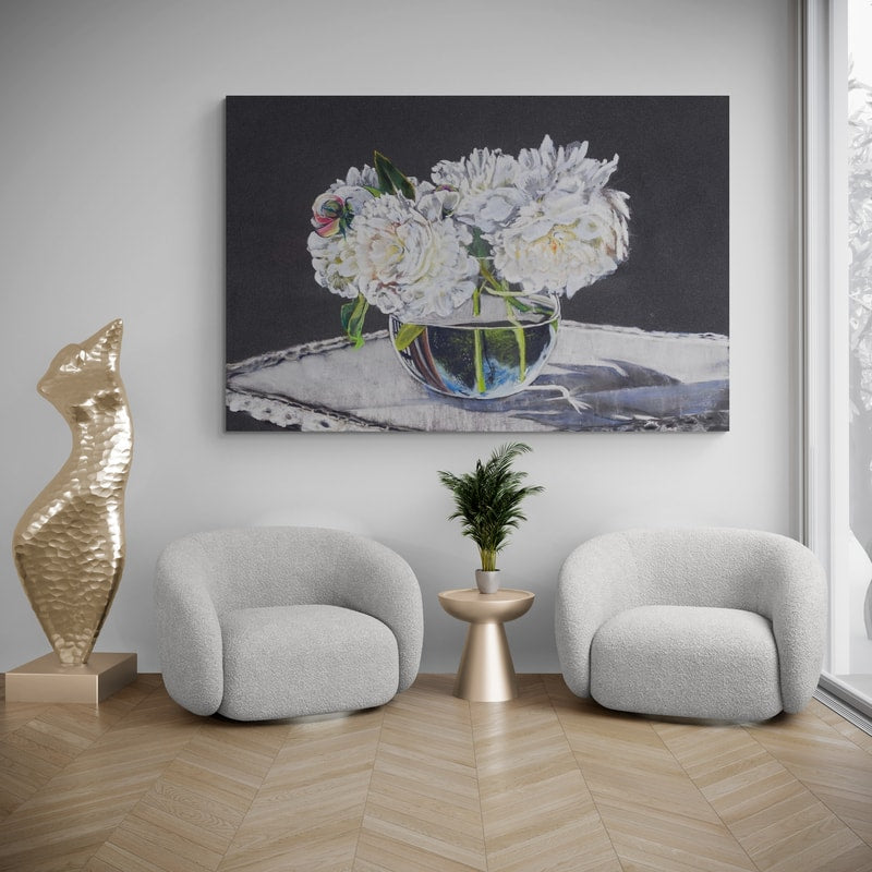 White Peonies by Marina Strijakova wall art in a living room