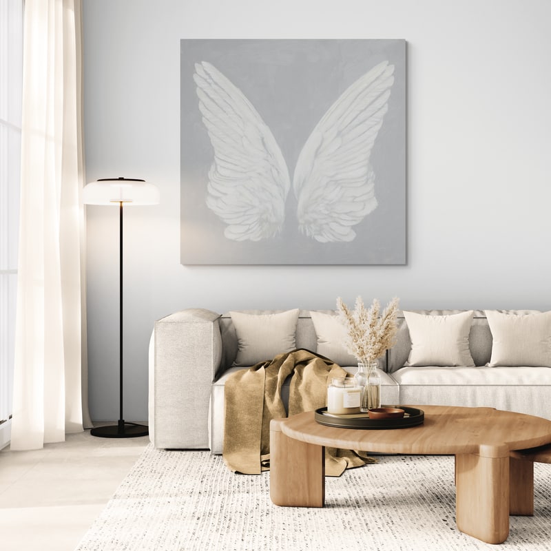 Wings I on Gray by James Wiens wall art in a living room