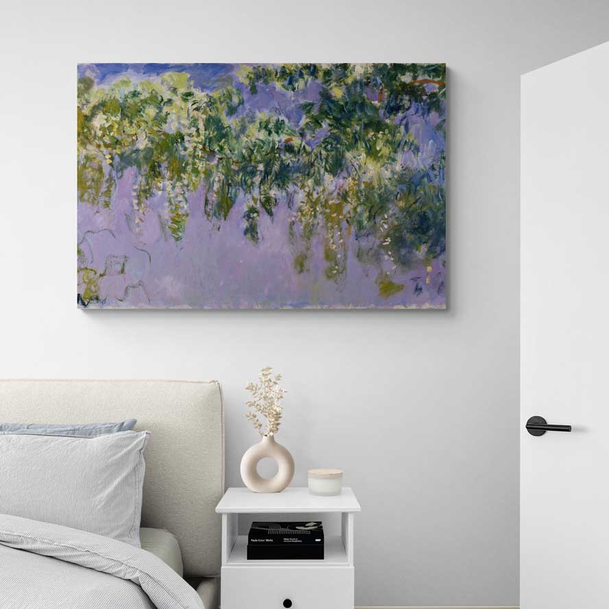 Wisteria 1917-1920 by Claude Monet wall art in a bedroom
