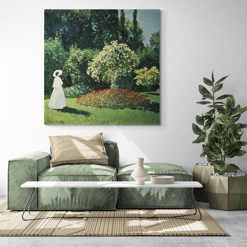 Woman in the Garden 1867 by Claude Monet wall art in a living room