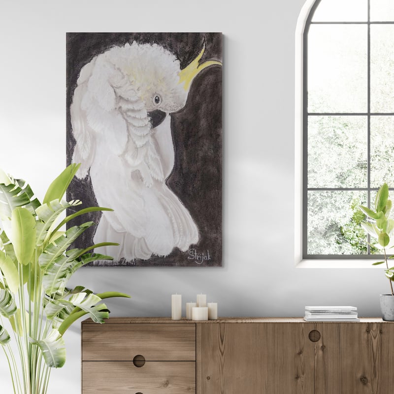 Yellow Crested Cockatoo by Marina Strijakova wall art in a hallway