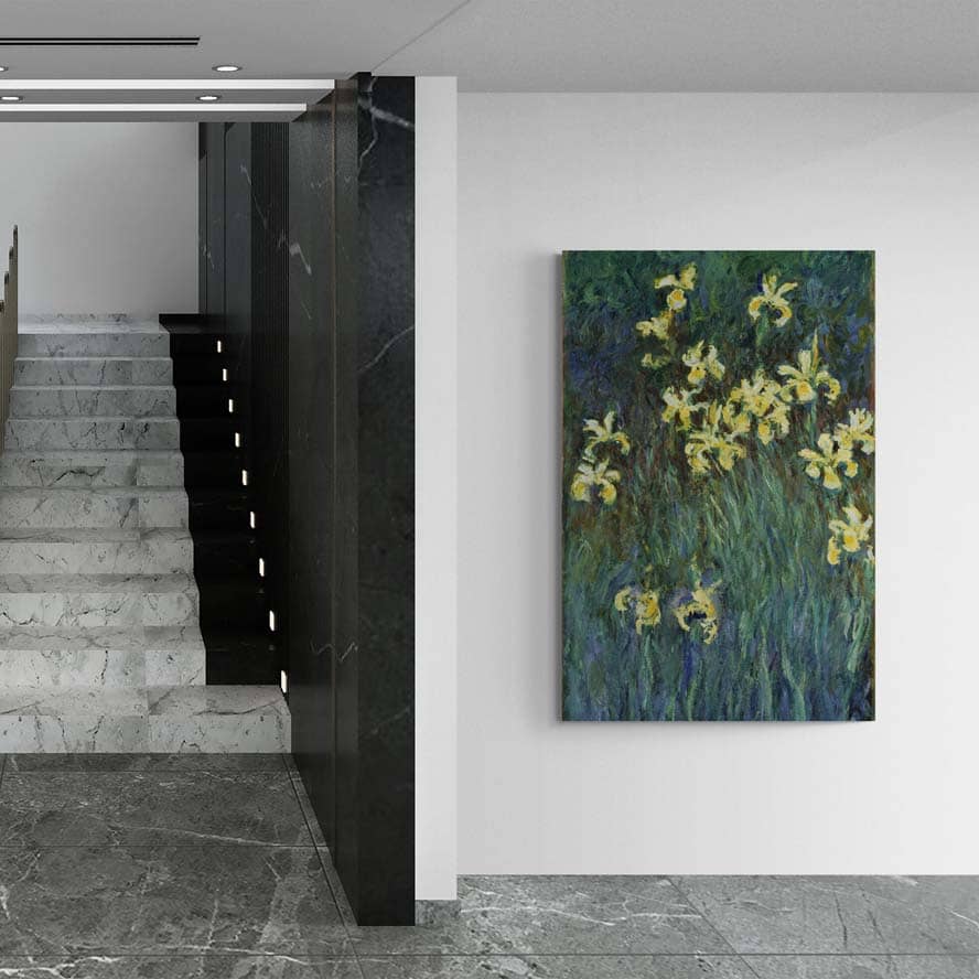 Yellow Irises by Claude Monet wall art in a hallway